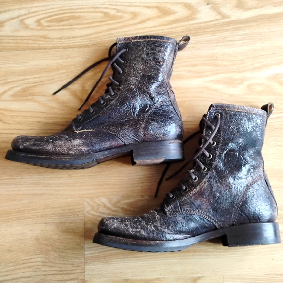 FRYE Veronica Combat Boots Antique Black/Brown Distressed Brush Off Leather Sz 8 - Picture 2 of 16